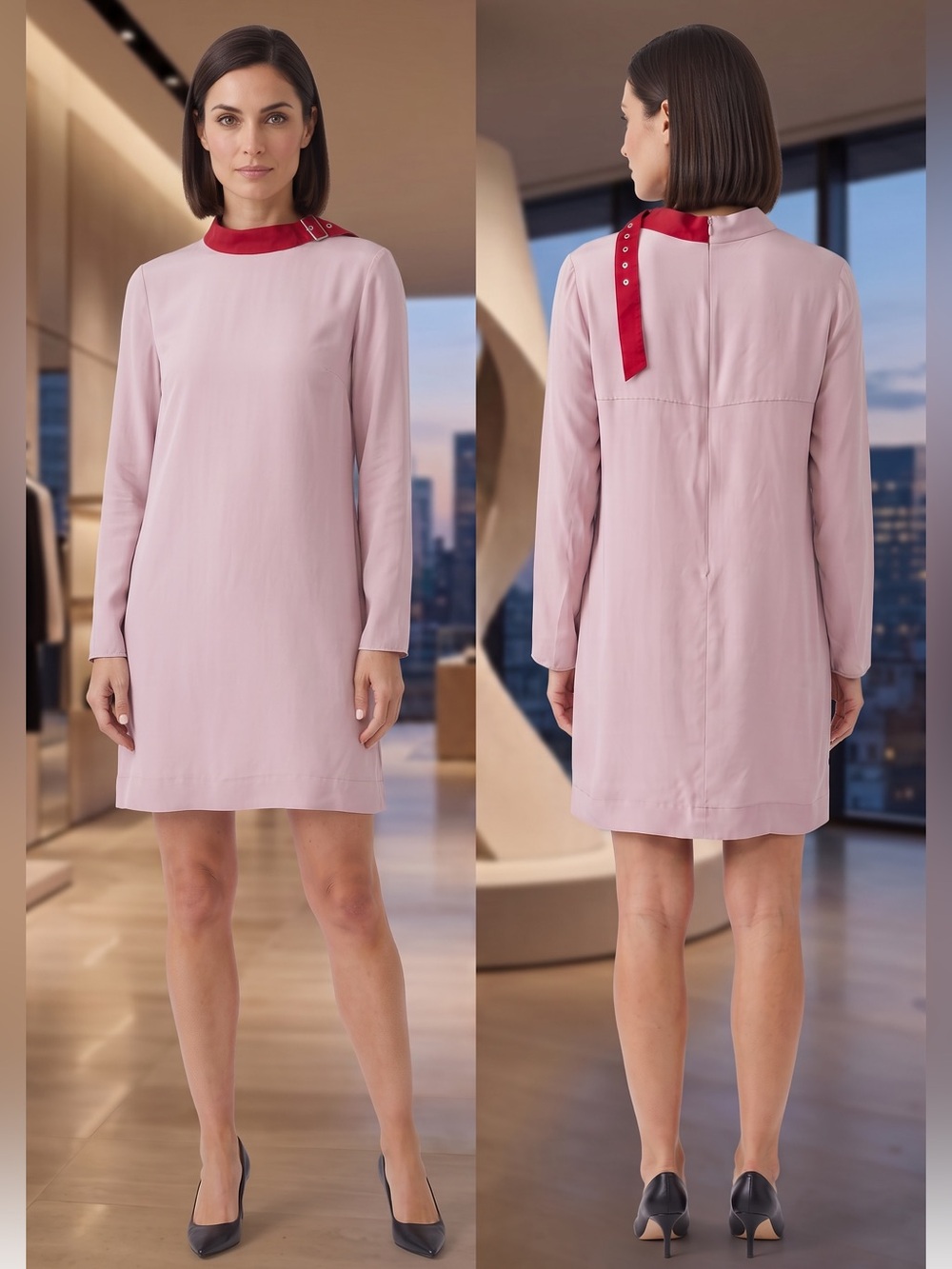 Tibi 100% Silk Two-Tone Mock Neck Dress with Red Buckle Detail Size 12